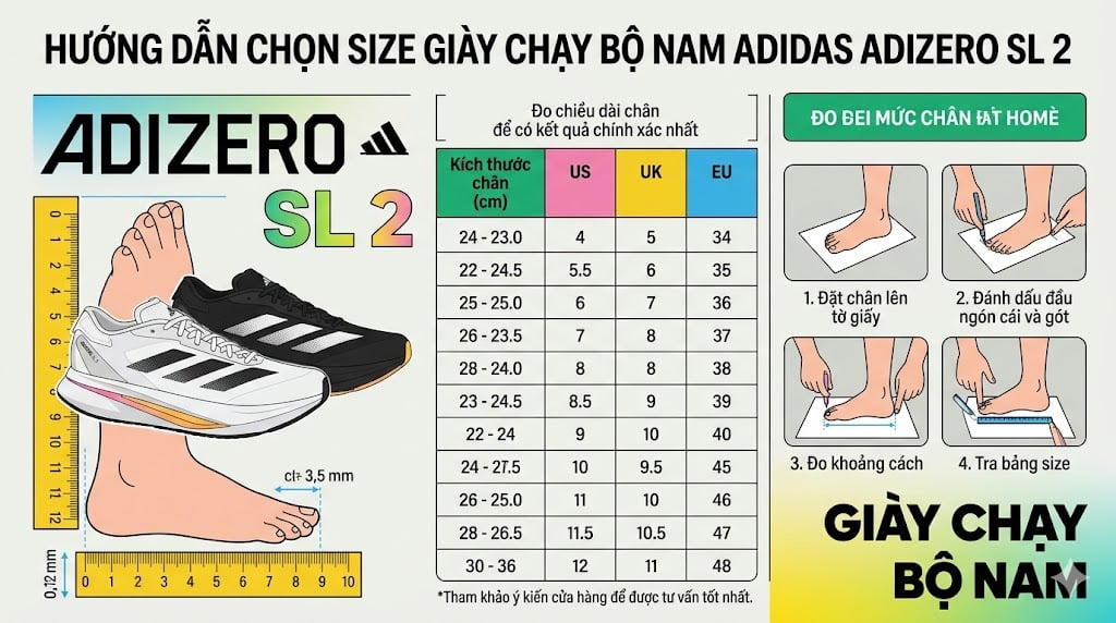 Hướng dẫn chọn size giày chạy bộ nam Adidas Adizero SL 2