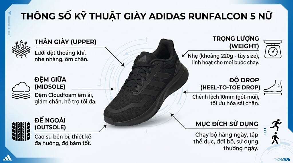 Thông số kỹ thuật giày Adidas Runfalcon 5 nữ - trọng lượng, drop, chất liệu