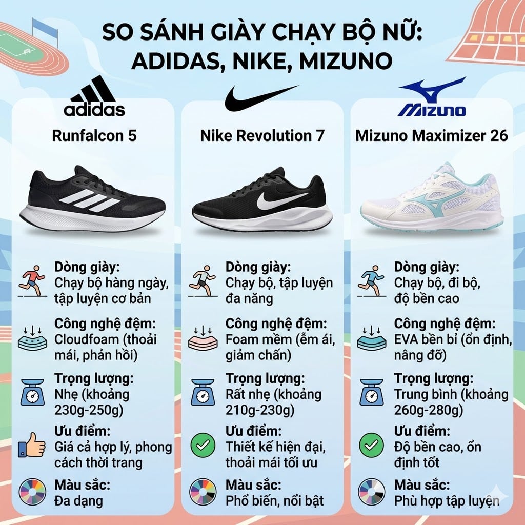 So sánh giày chạy bộ nữ Adidas Runfalcon 5 với Nike Revolution 7 và Mizuno Maximizer